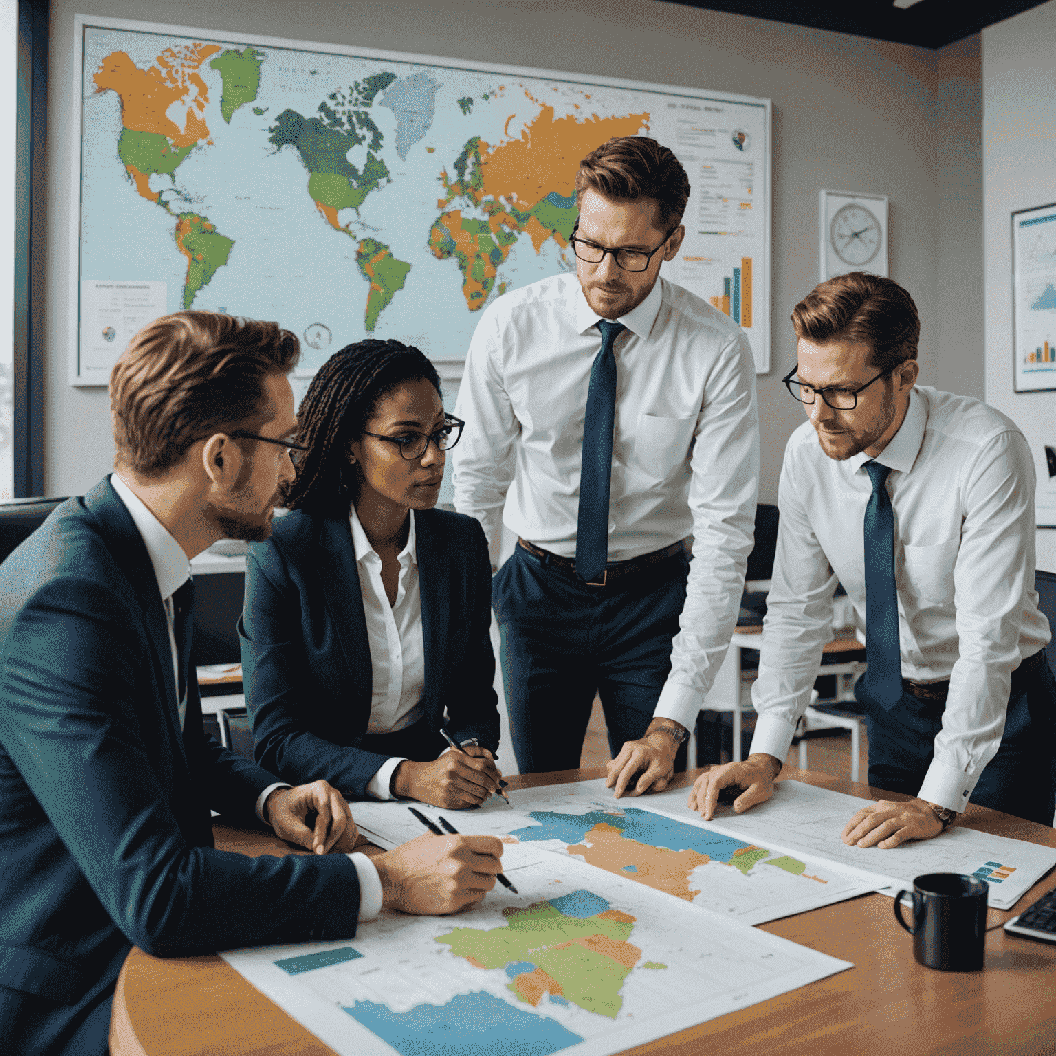 A team of diverse oil and gas lawyers discussing a case in a modern office with petroleum industry charts and maps visible in the background