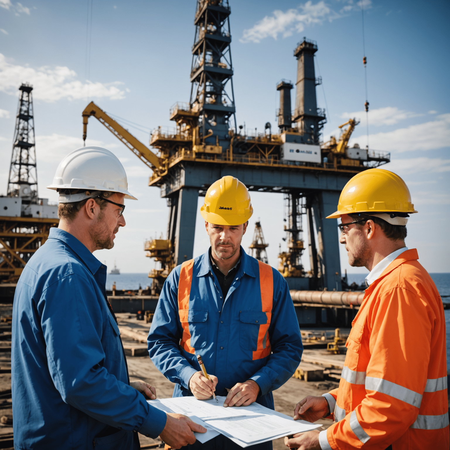 Image depicting contract negotiation in the oil and gas industry, showing professionals discussing documents with oil rigs in the background