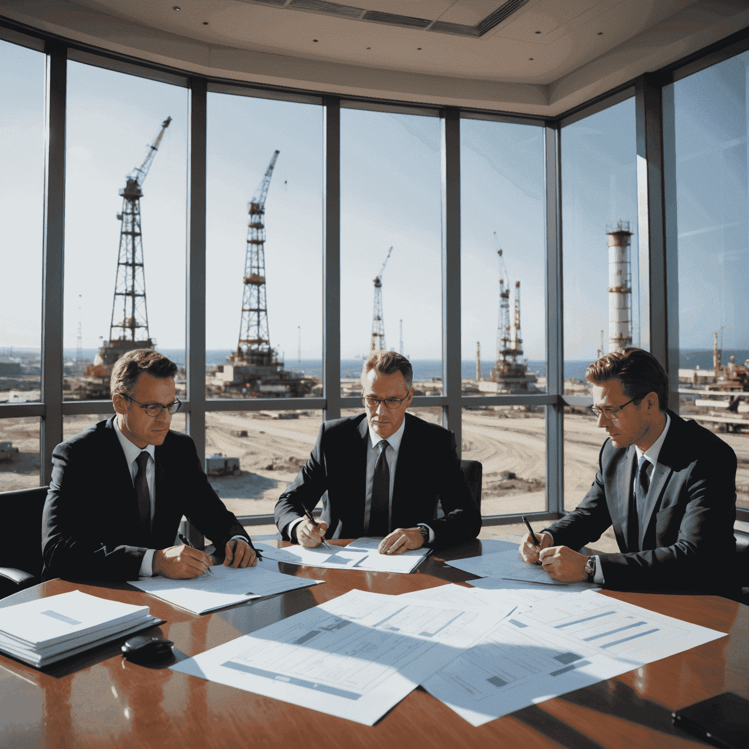 A professional team of lawyers discussing an oil and gas contract, with blueprints and documents spread across a modern conference table. In the background, an oil rig silhouette is visible through large windows.