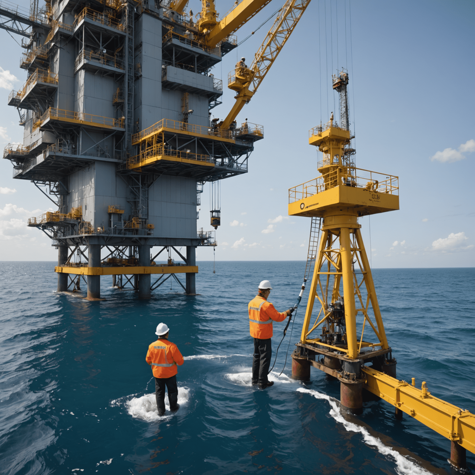 Environmental impact assessment for an offshore oil rig, showing scientists collecting water samples and monitoring equipment