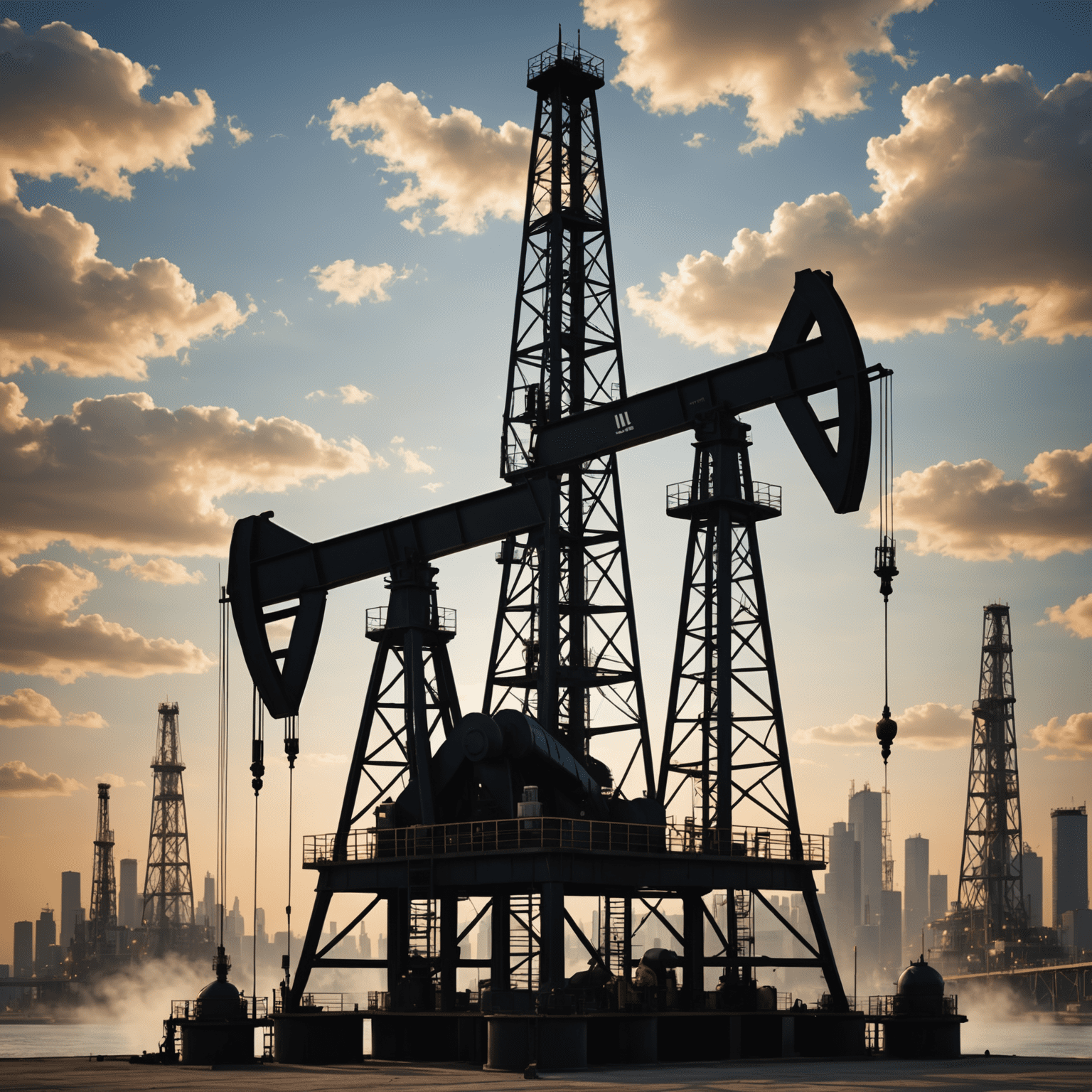 A stylized image representing mergers and acquisitions in the oil and gas industry. Two large oil derricks are shown merging together, symbolizing the joining of two companies. The background features a modern cityscape with skyscrapers, representing the business aspect of these transactions.