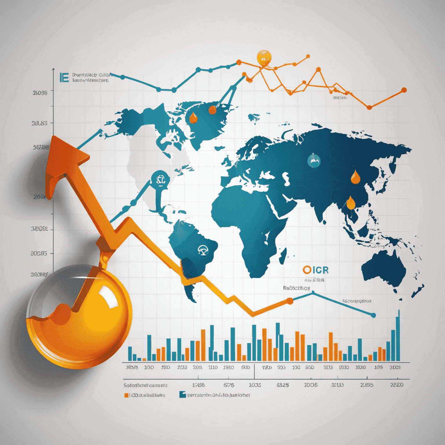 Graph showing oil price fluctuations and market trend lines with icons representing different factors influencing the global oil market