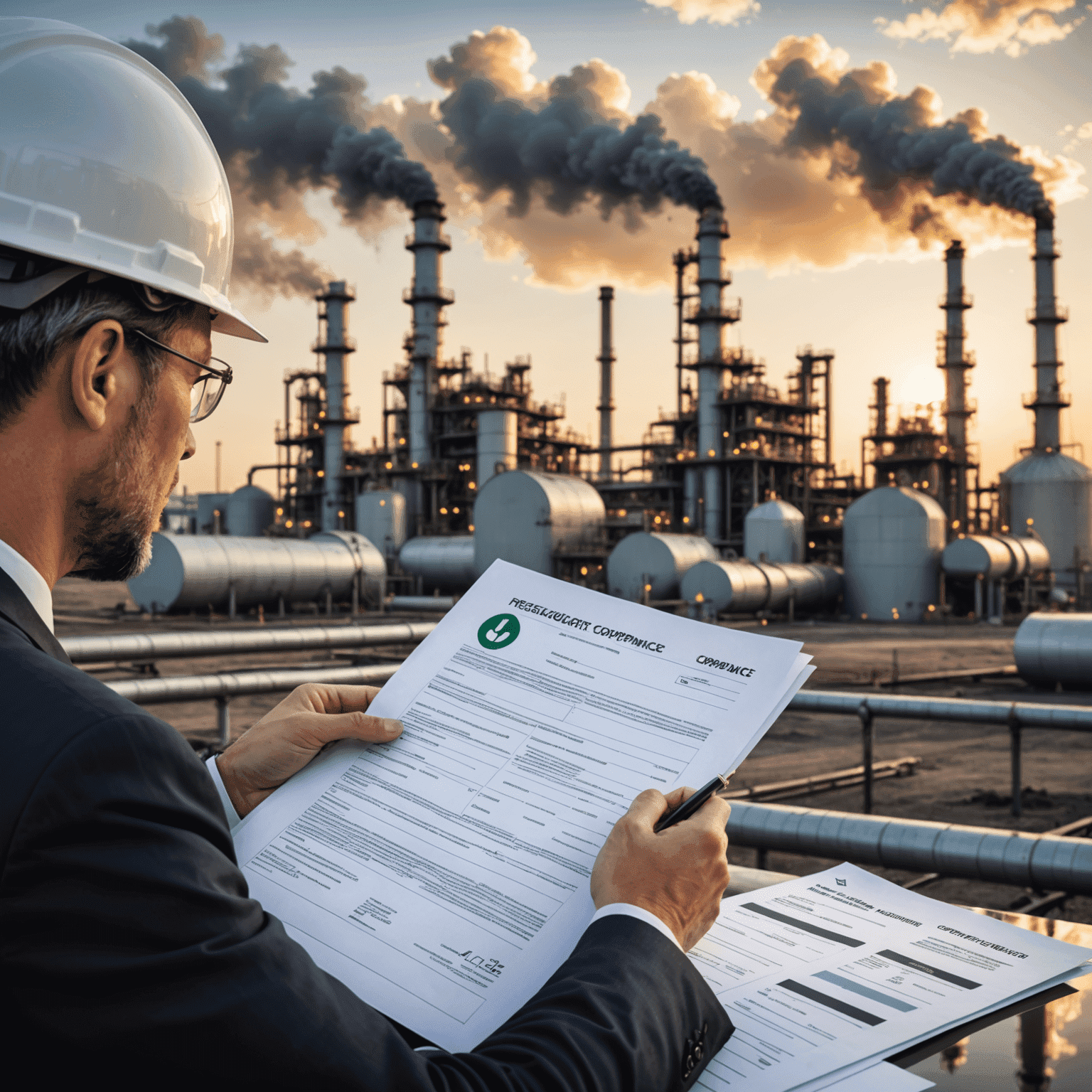 Image illustrating regulatory compliance in the petroleum industry, showing a professional reviewing documents with regulatory symbols and an oil refinery in the background