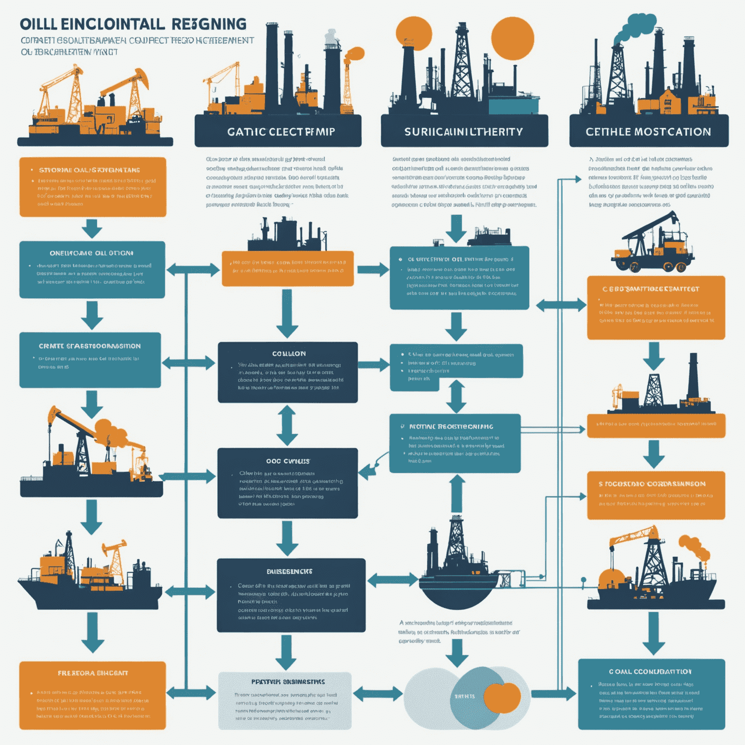 A flowchart illustrating the contract negotiation process for oil and gas agreements. The chart shows various stages from initial consultation to post-signing support, with icons representing each step against a backdrop of an oil refinery.