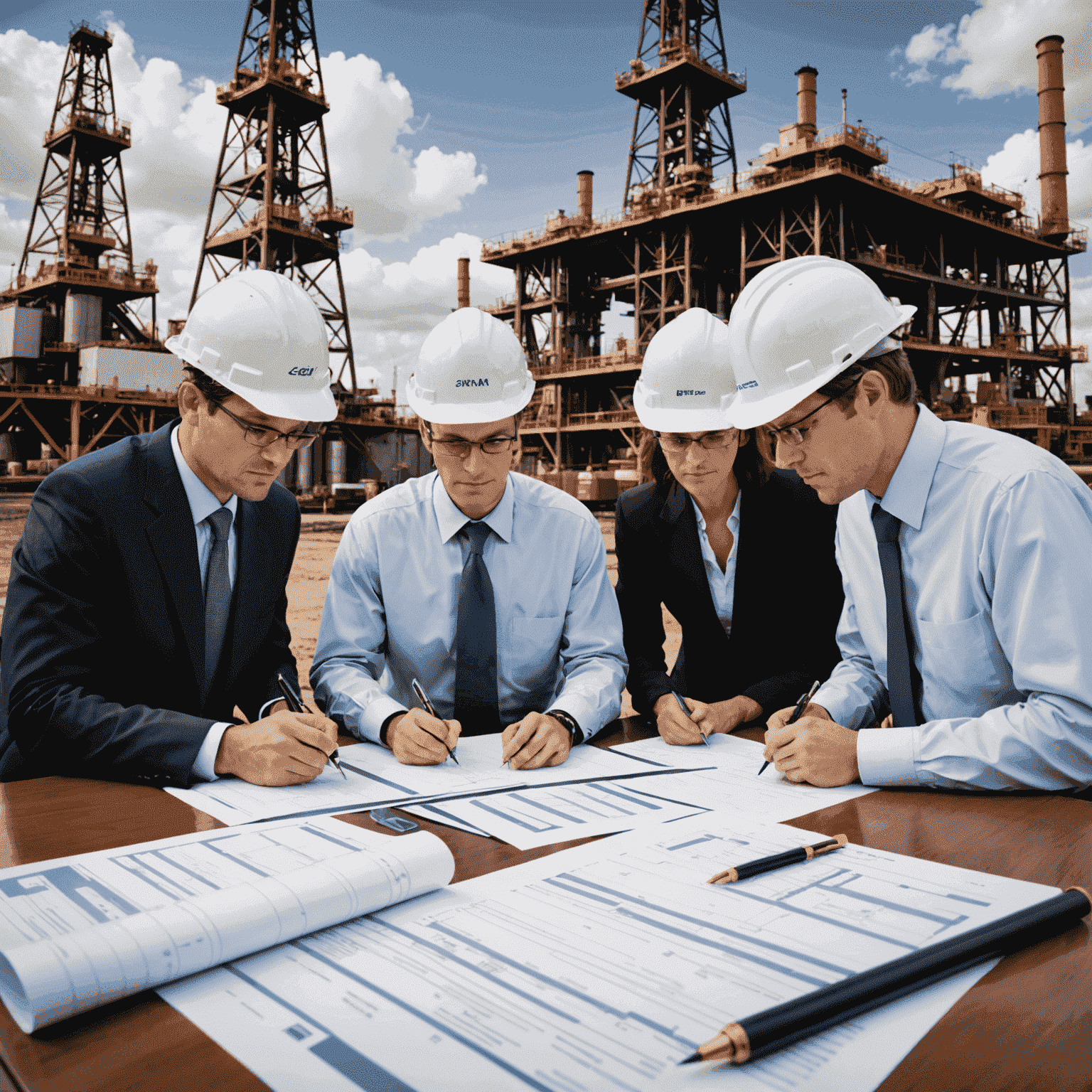 A team of oil and gas lawyers analyzing complex industry documents and contracts, with 3D models of oil rigs and gas pipelines visible in the background.