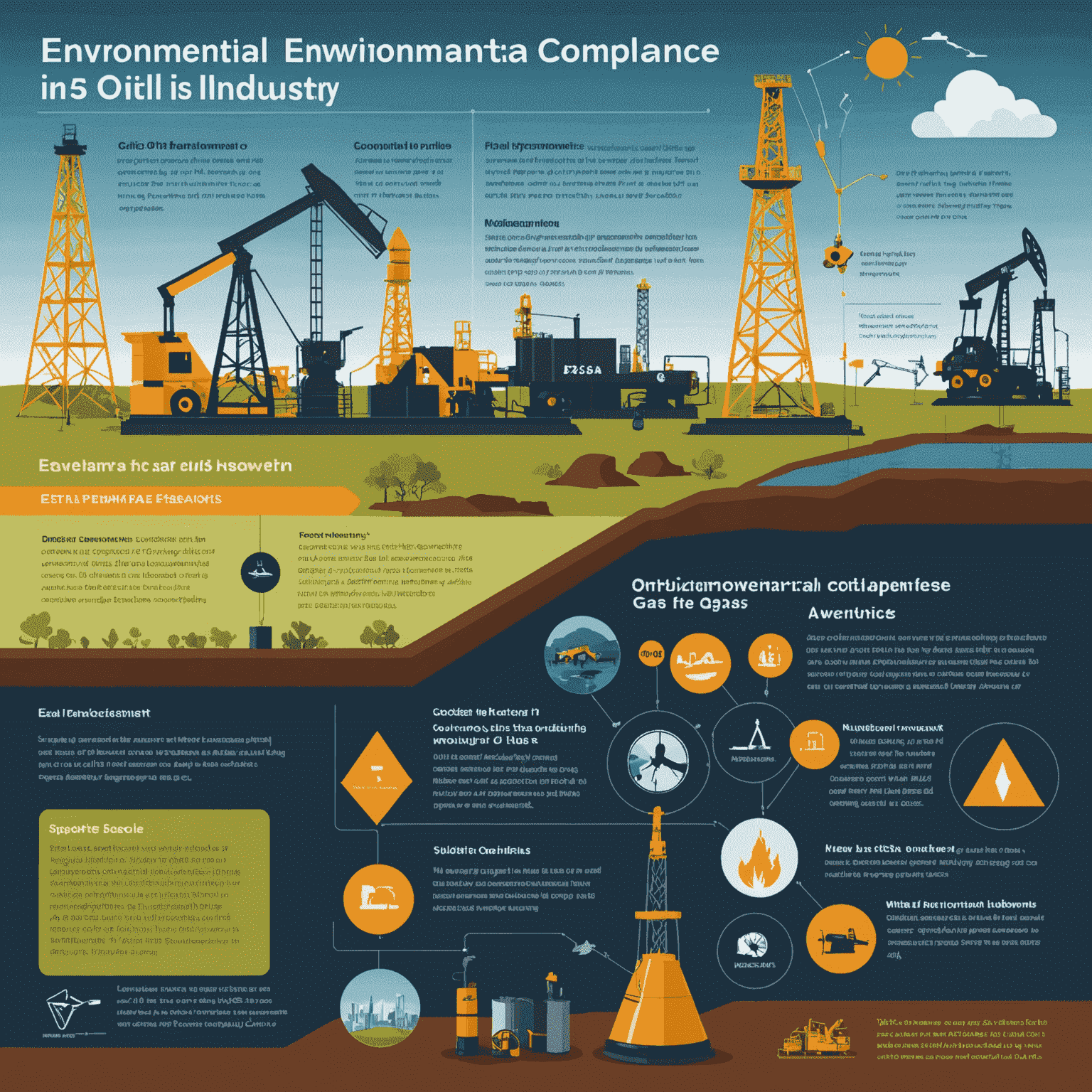 Infographic showing the process of environmental compliance in the oil and gas industry, from initial assessment to ongoing monitoring