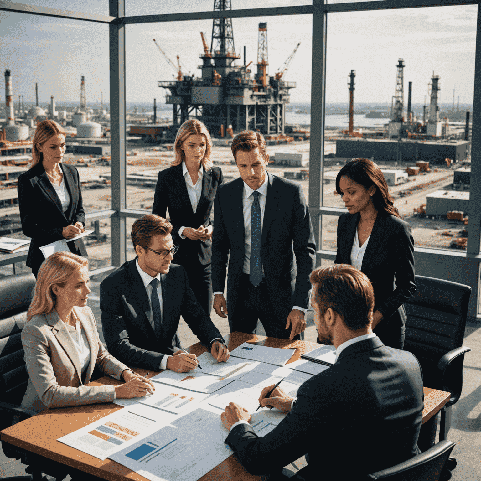 A professional team of oil and gas lawyers discussing a merger deal. The image shows a diverse group of men and women in business attire, gathered around a table with documents and a 3D model of an oil rig. The setting is a modern office with floor-to-ceiling windows overlooking an industrial area with oil refineries in the distance.