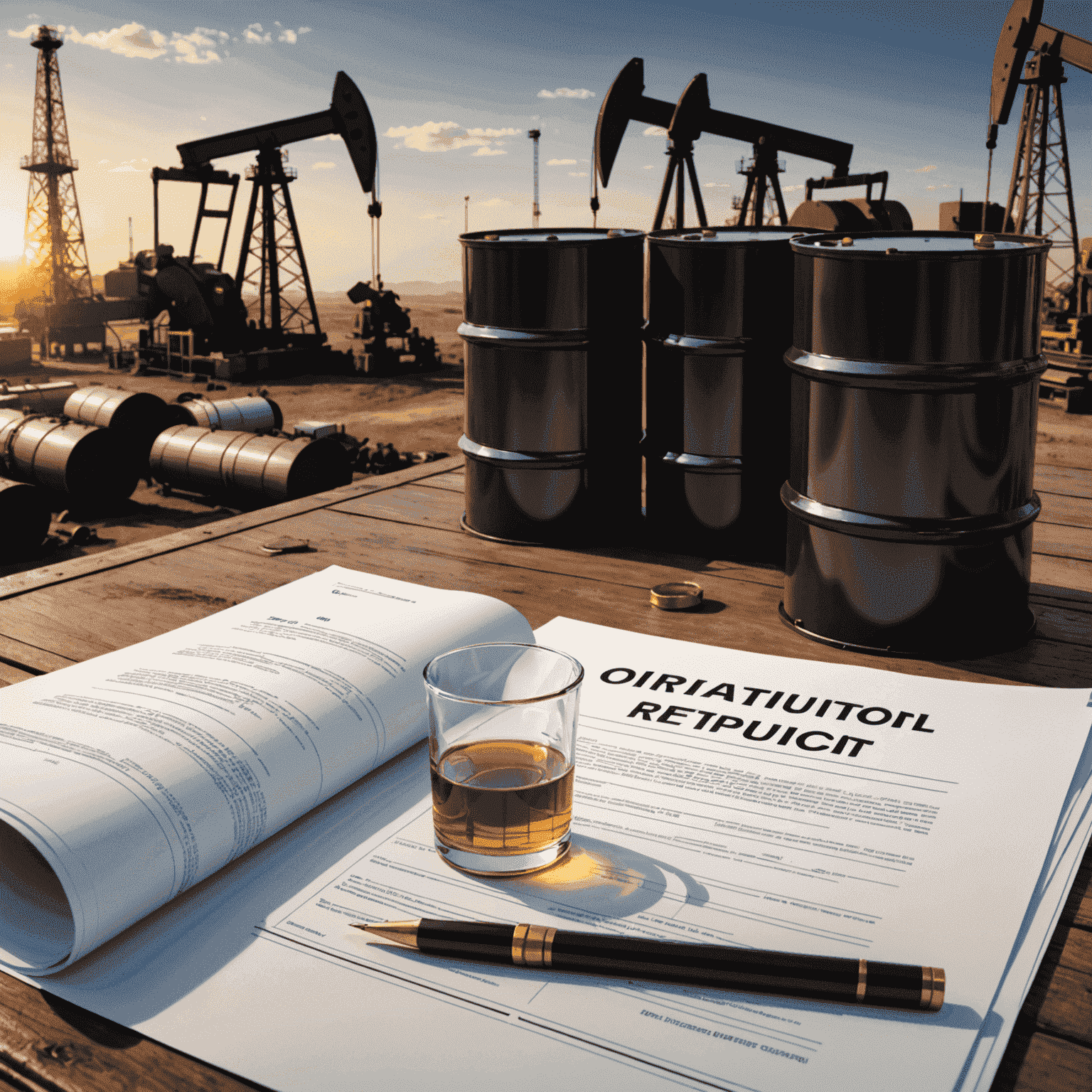 Image representing dispute resolution in the oil and gas sector, showing a mediation scene with industry-specific elements like oil barrels and contract documents