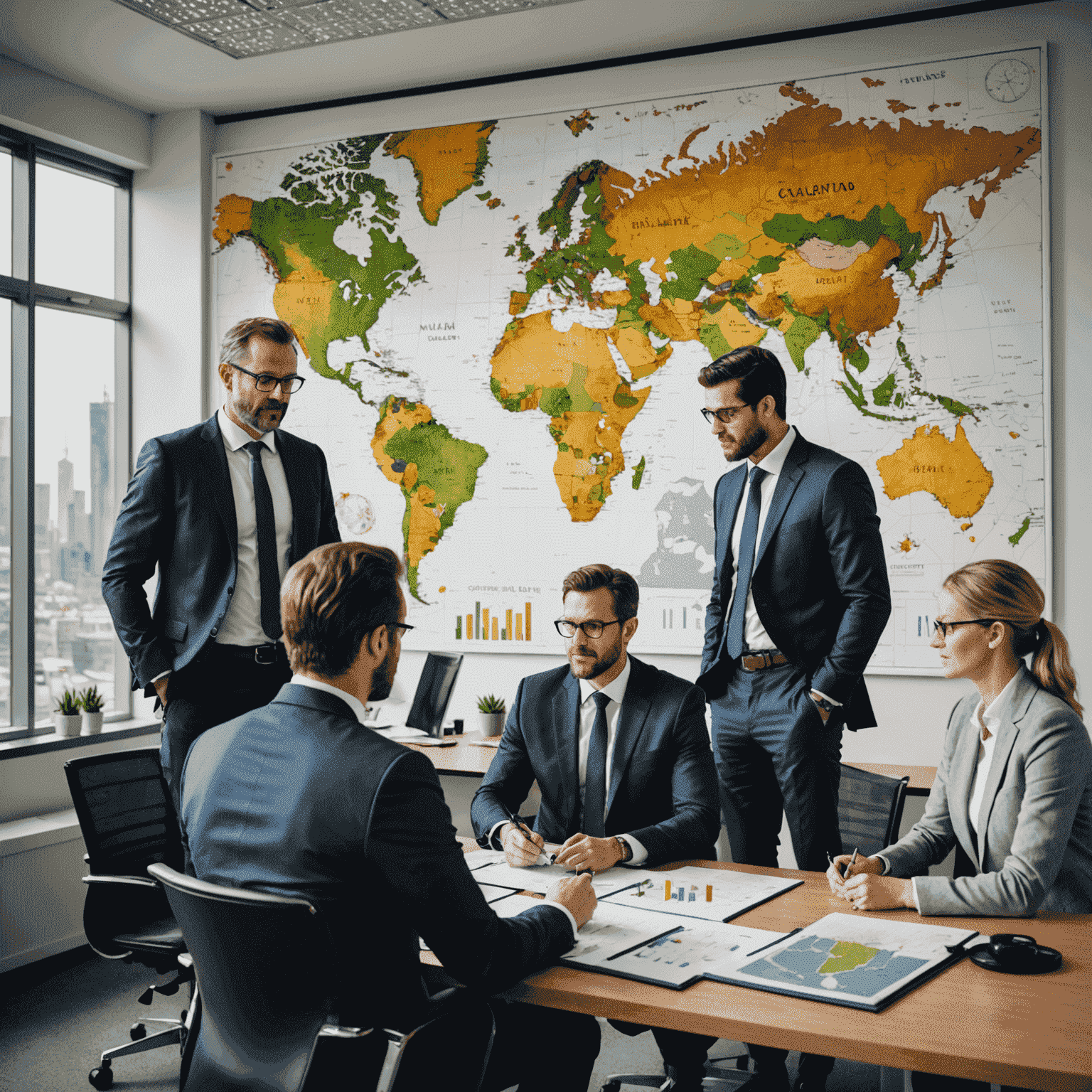 A diverse team of oil and gas lawyers collaborating in a modern office, with global maps and energy industry charts visible on the walls.