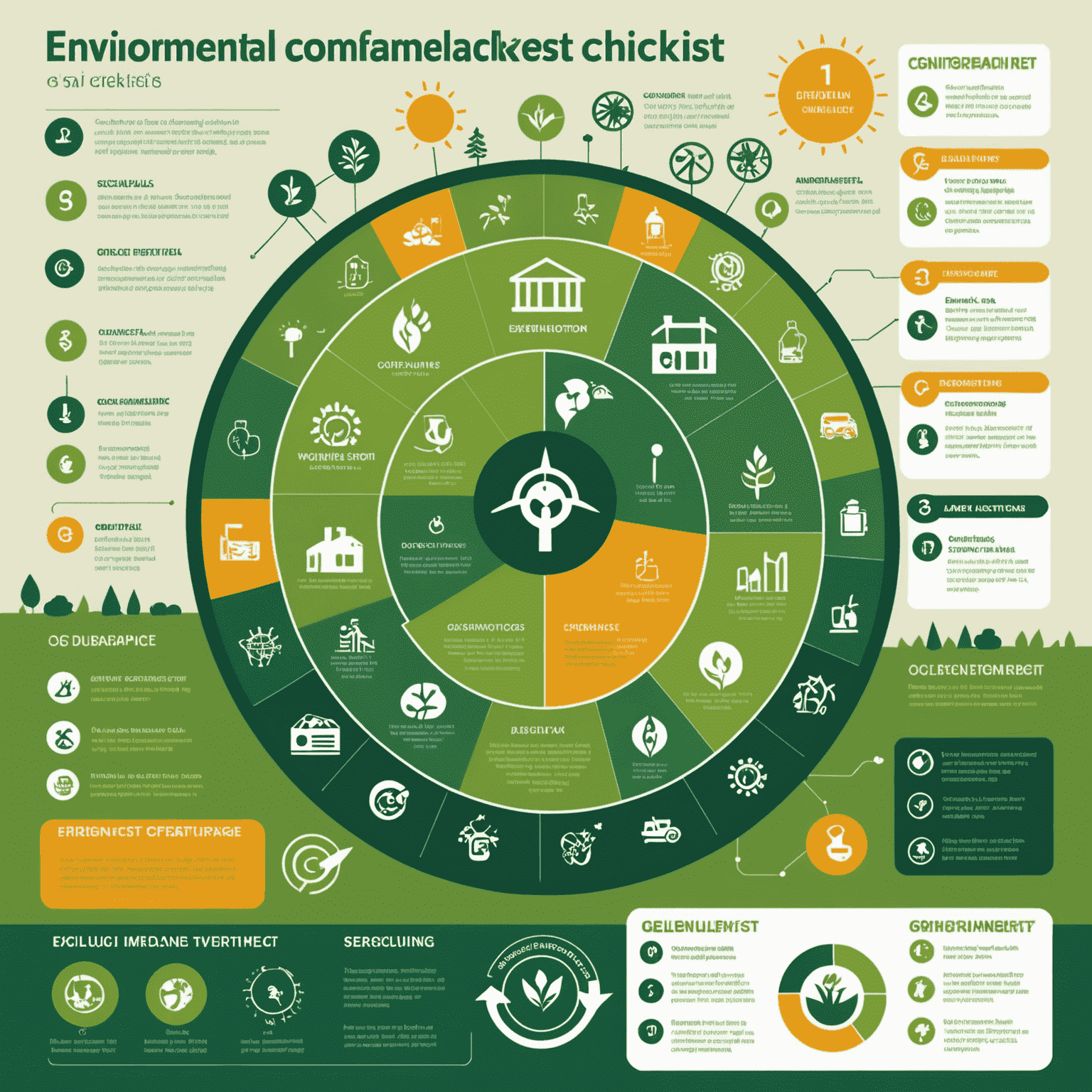 Infographic showing environmental compliance checklist for oil companies with icons representing different aspects of environmental protection