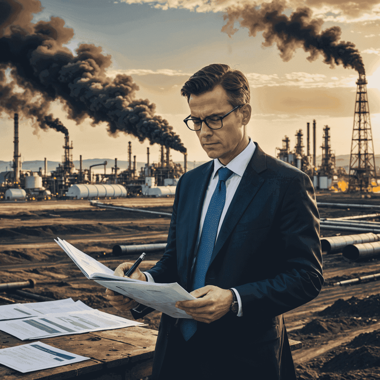 Image depicting environmental law in the context of oil and gas operations, showing a lawyer reviewing environmental impact documents with natural landscapes and industrial facilities in the background