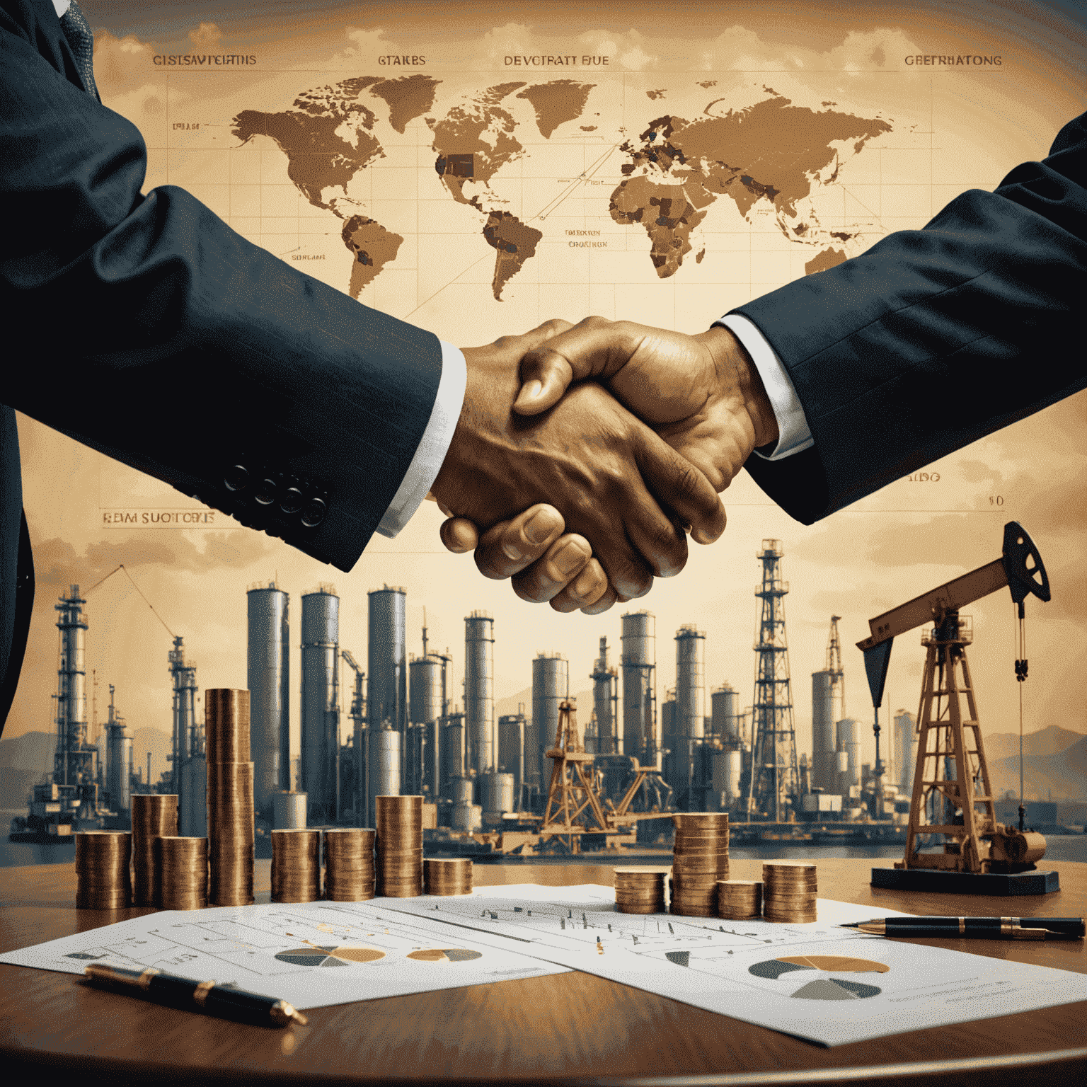 Image illustrating mergers and acquisitions in the oil and gas sector, showing handshake between executives with petroleum industry symbols and financial charts in the background